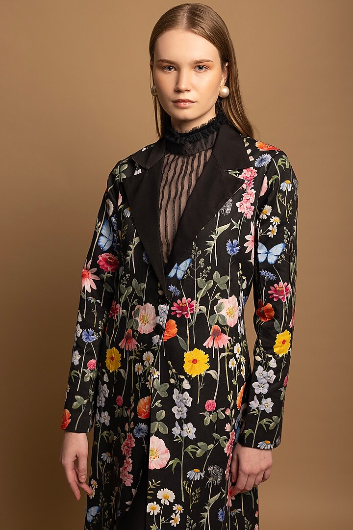 Black Cotton Satin Floral Printed Long Coat by SHIMONA at Pernia's Pop Up Shop