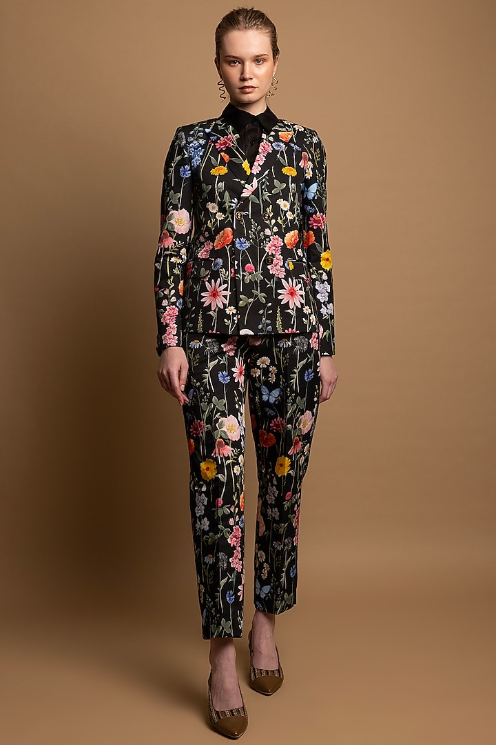Black Cotton Satin Floral Printed Blazer Set by SHIMONA