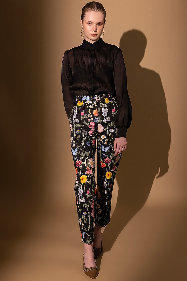 Black Cotton Satin Floral Printed Blazer Set by SHIMONA at Pernia's Pop Up Shop
