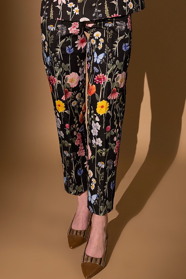Black Cotton Satin Floral Printed Blazer Set by SHIMONA at Pernia's Pop Up Shop