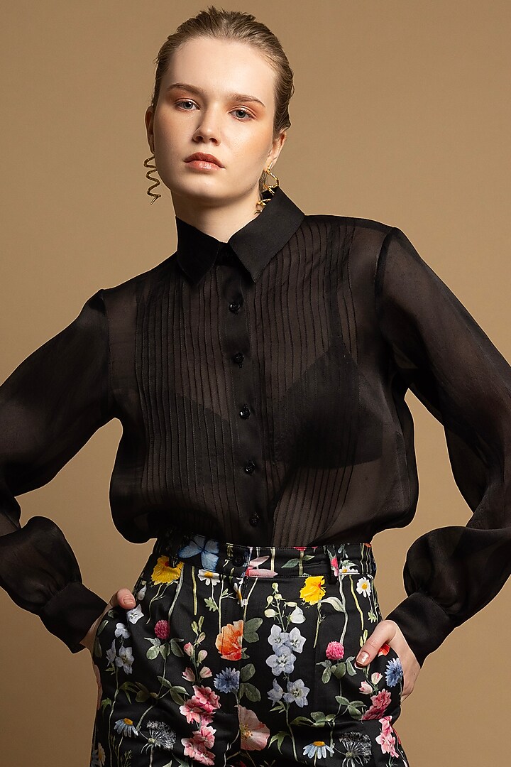 Black Cotton Satin Floral Printed Blazer Set by SHIMONA at Pernia's Pop Up Shop