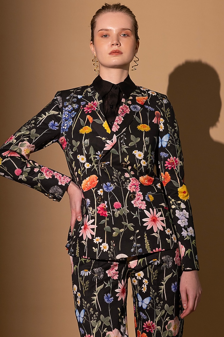 Black Cotton Satin Floral Printed Blazer Set by SHIMONA at Pernia's Pop Up Shop