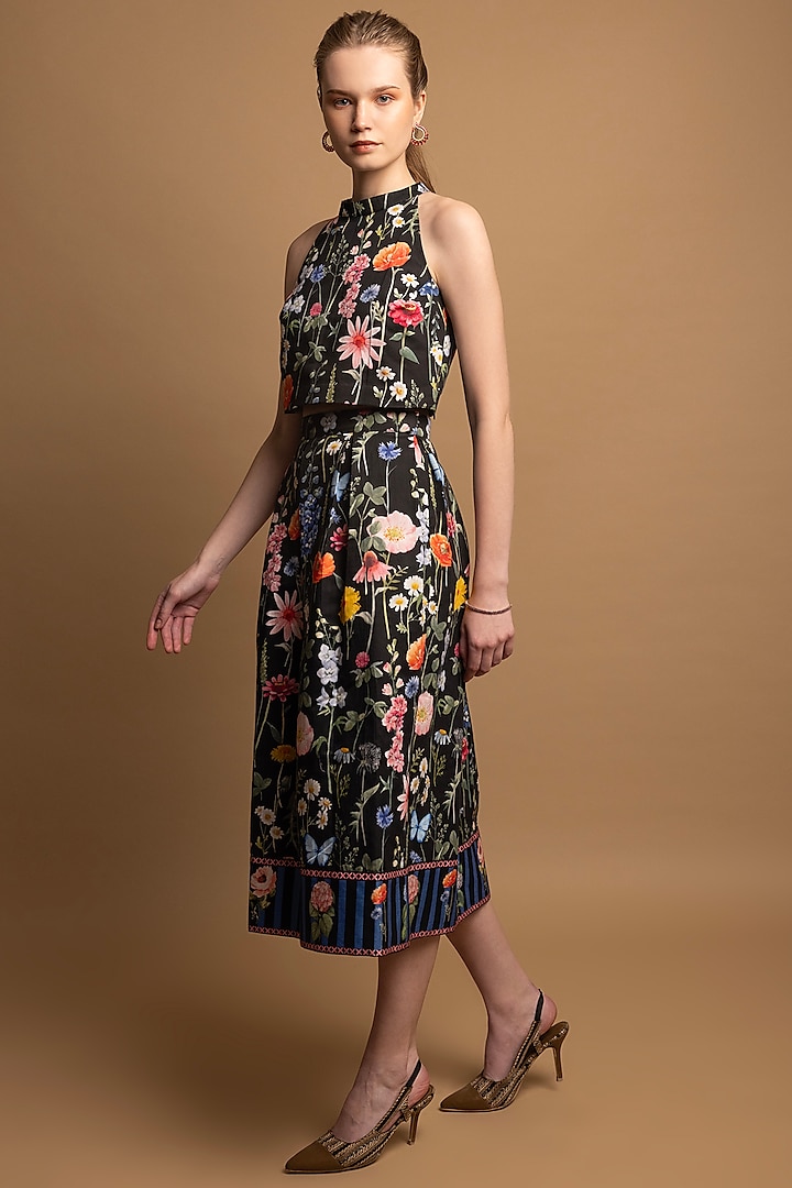 Black Cotton Satin Floral Printed Box-Pleated Skirt Set by SHIMONA