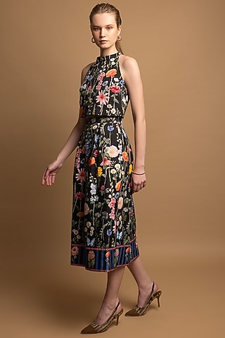 Black Cotton Satin Floral Printed Box-Pleated Skirt Set by SHIMONA