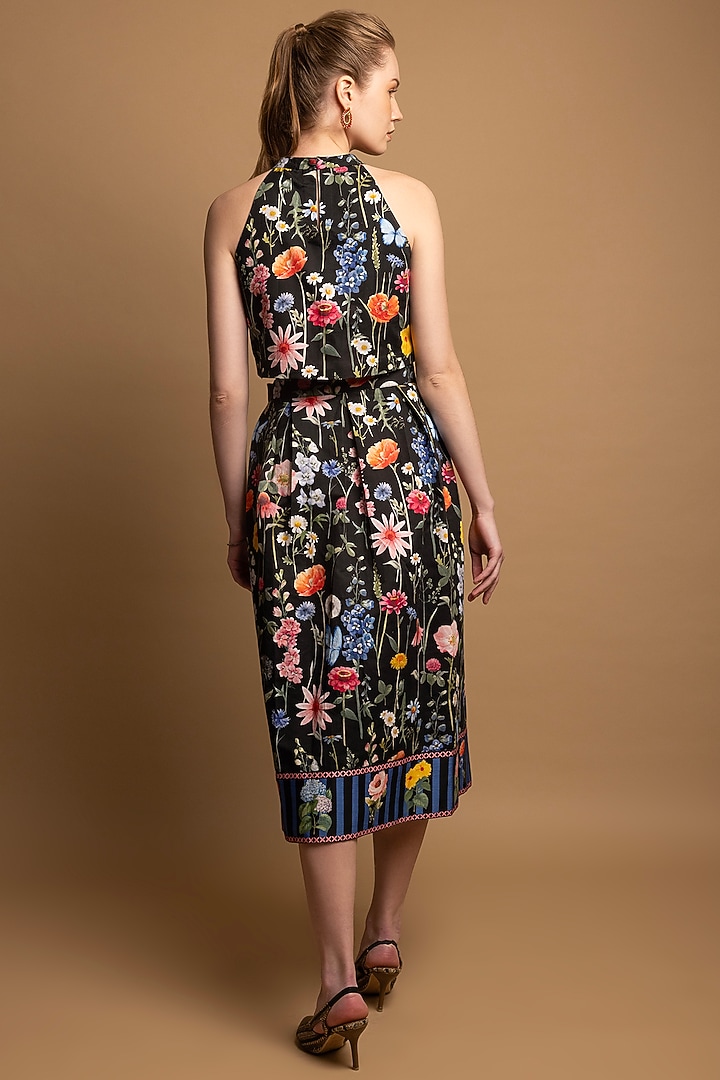Black Cotton Satin Floral Printed Box-Pleated Skirt Set by SHIMONA at Pernia's Pop Up Shop