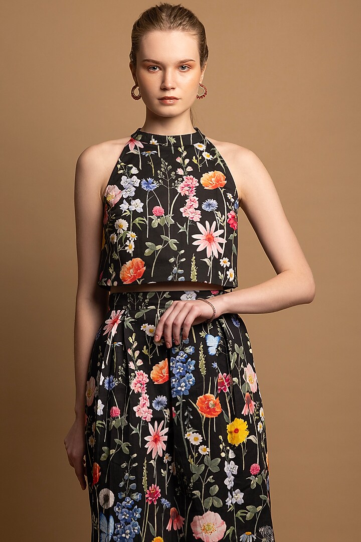 Black Cotton Satin Floral Printed Box-Pleated Skirt Set by SHIMONA at Pernia's Pop Up Shop