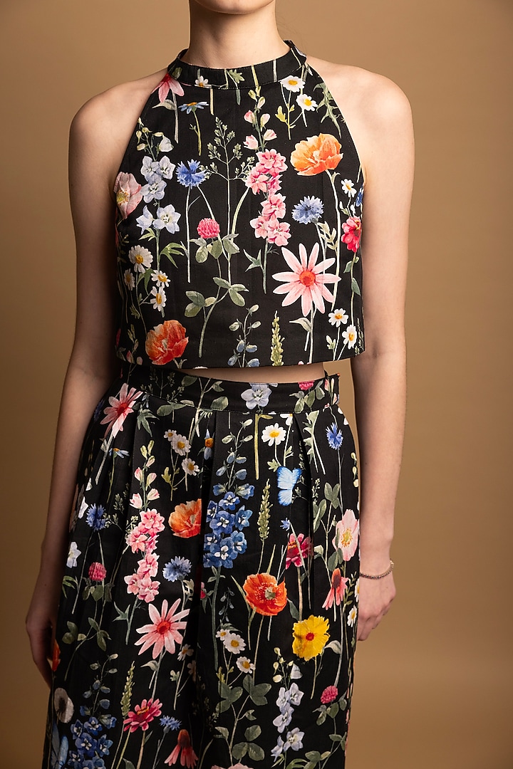 Black Cotton Satin Floral Printed Box-Pleated Skirt Set by SHIMONA at Pernia's Pop Up Shop