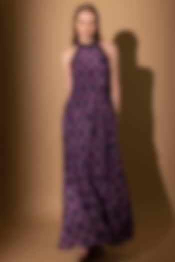 Purple Crepe Printed Halter Maxi Dress by SHIMONA