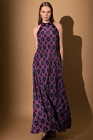 Purple Crepe Printed Halter Maxi Dress by SHIMONA