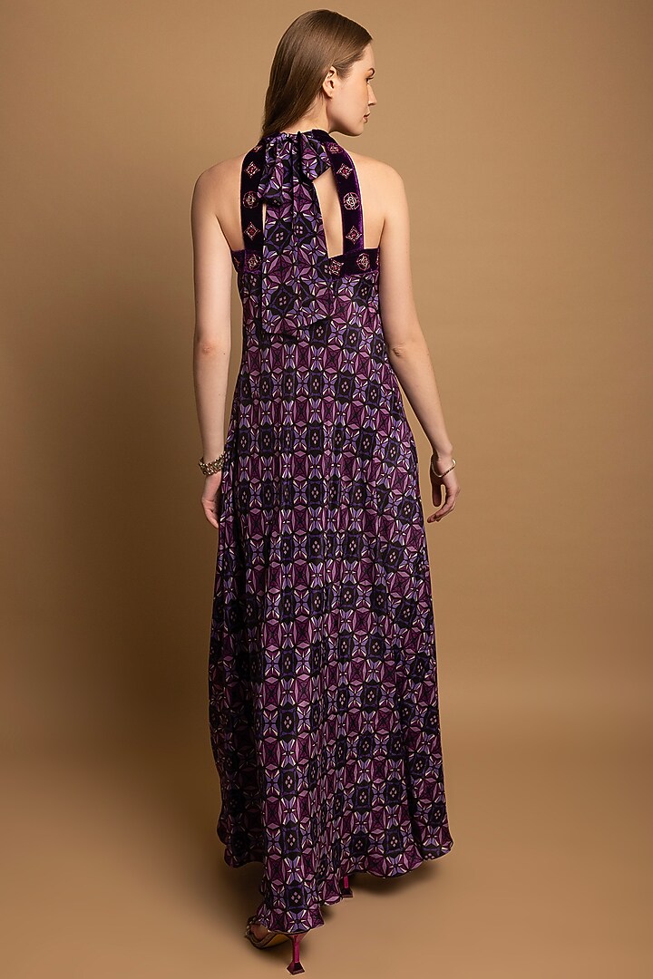 Purple Crepe Printed Halter Maxi Summer Dress by SHIMONA at Pernia's Pop Up Shop