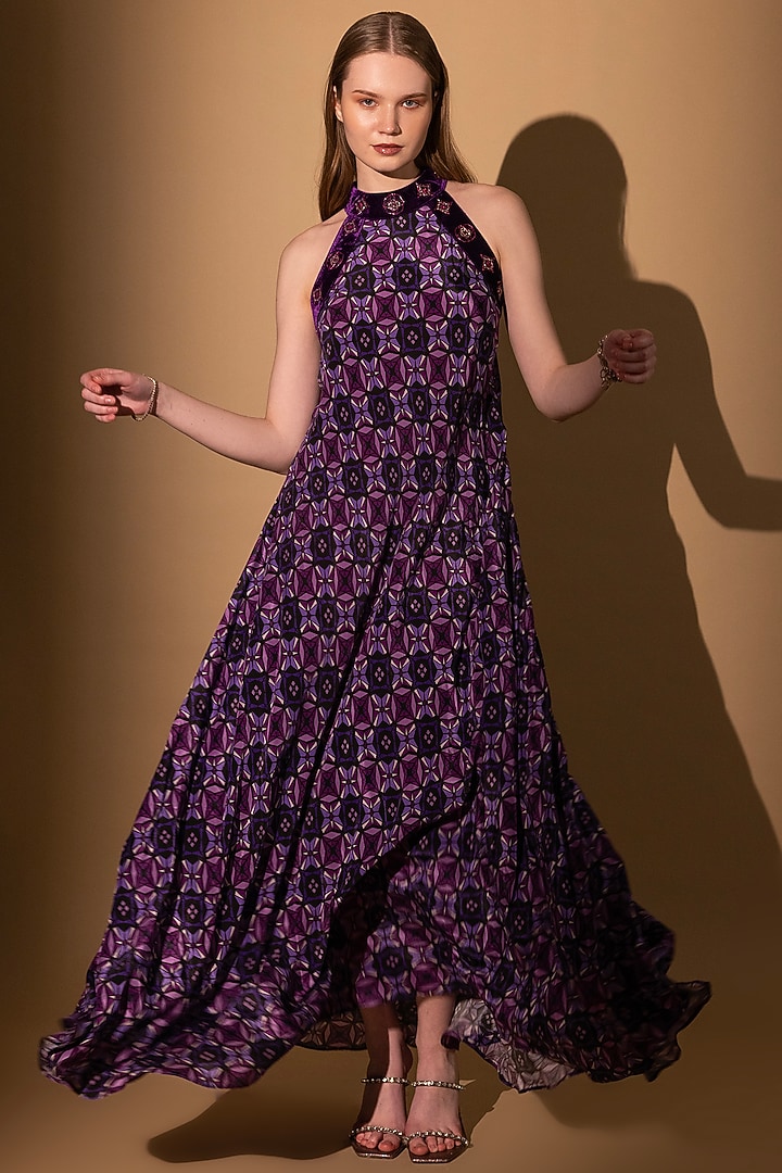 Purple Crepe Printed Halter Maxi Summer Dress by SHIMONA at Pernia's Pop Up Shop