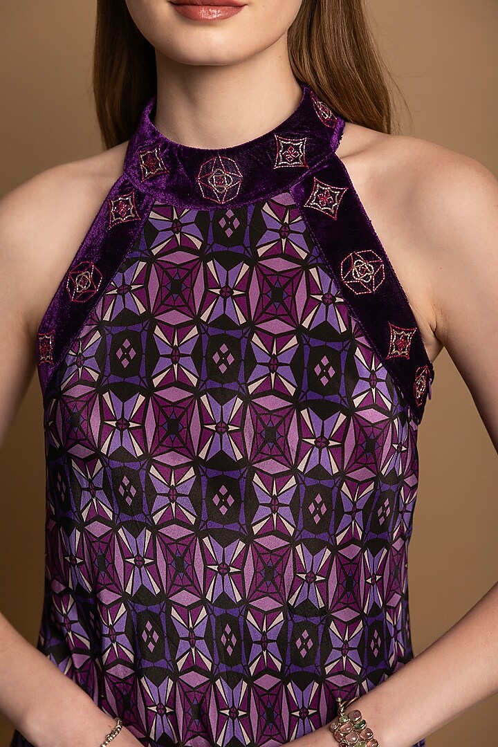 Purple Crepe Printed Halter Maxi Summer Dress by SHIMONA at Pernia's Pop Up Shop