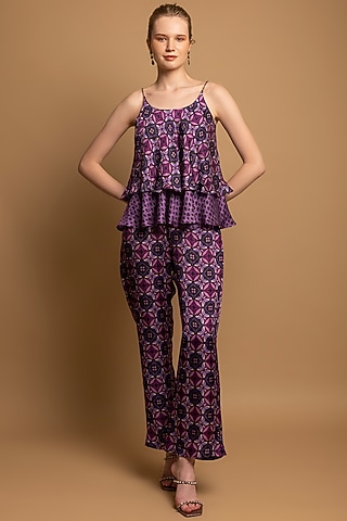 Purple Bemberg Satin Printed Co-Ord Set by SHIMONA