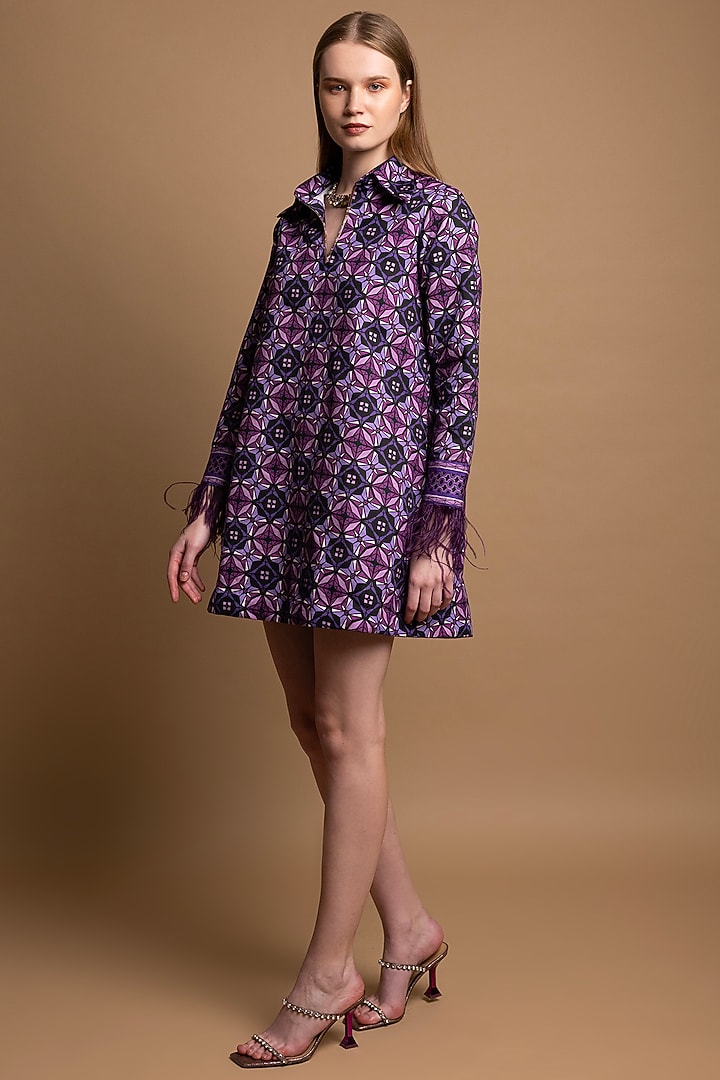 Purple Cotton Satin Printed Mini Summer Dress by SHIMONA at Pernia's Pop Up Shop