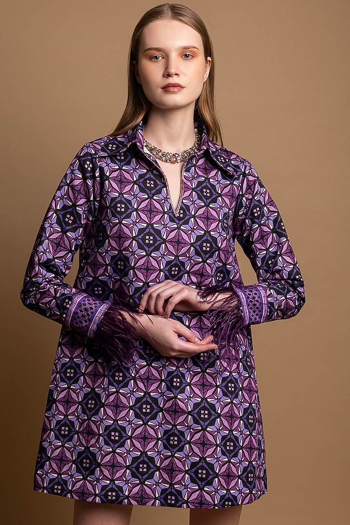 Purple Cotton Satin Printed Mini Summer Dress by SHIMONA at Pernia's Pop Up Shop