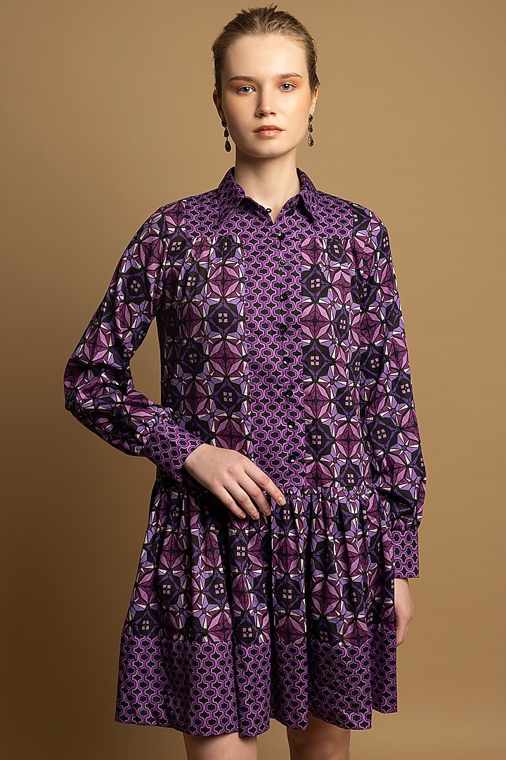 Purple Soft Cotton Satin Printed Mini Shirt Dress by SHIMONA