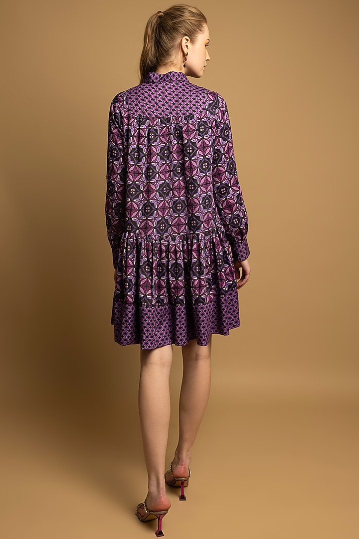 Purple Soft Cotton Satin Printed Mini Summer Shirt Dress by SHIMONA at Pernia's Pop Up Shop