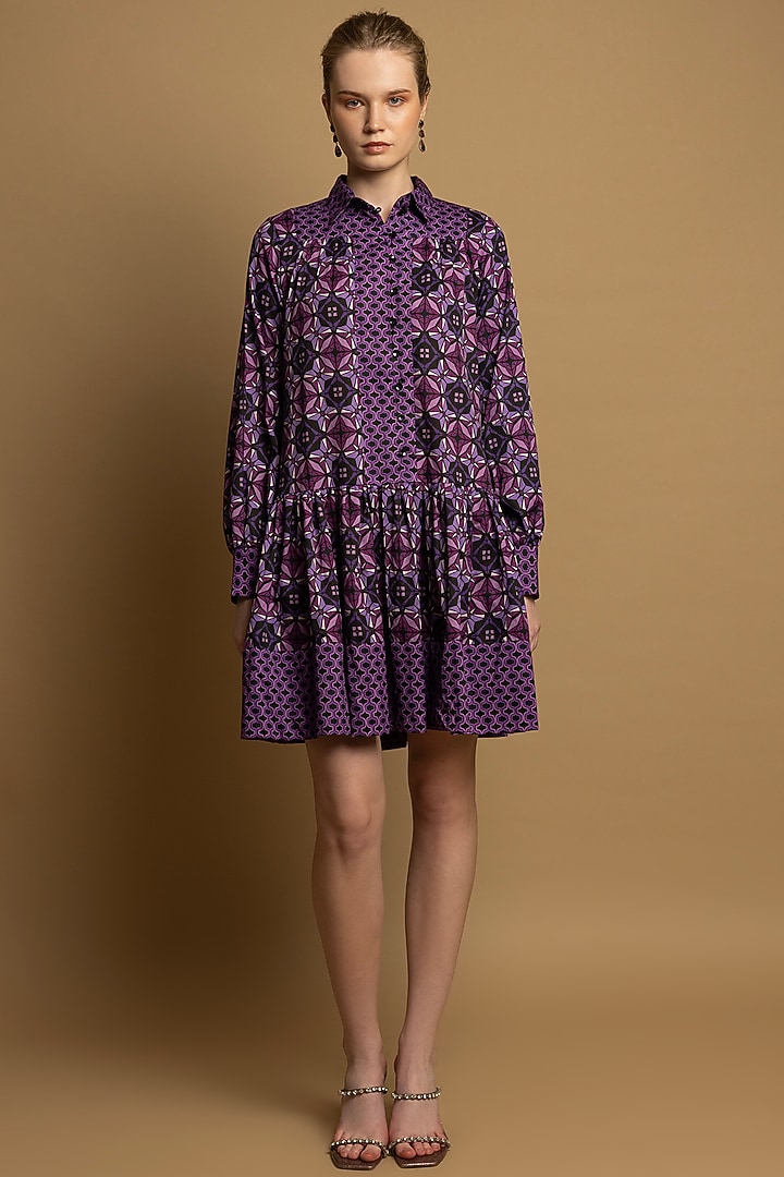 Purple Soft Cotton Satin Printed Mini Summer Shirt Dress by SHIMONA at Pernia's Pop Up Shop