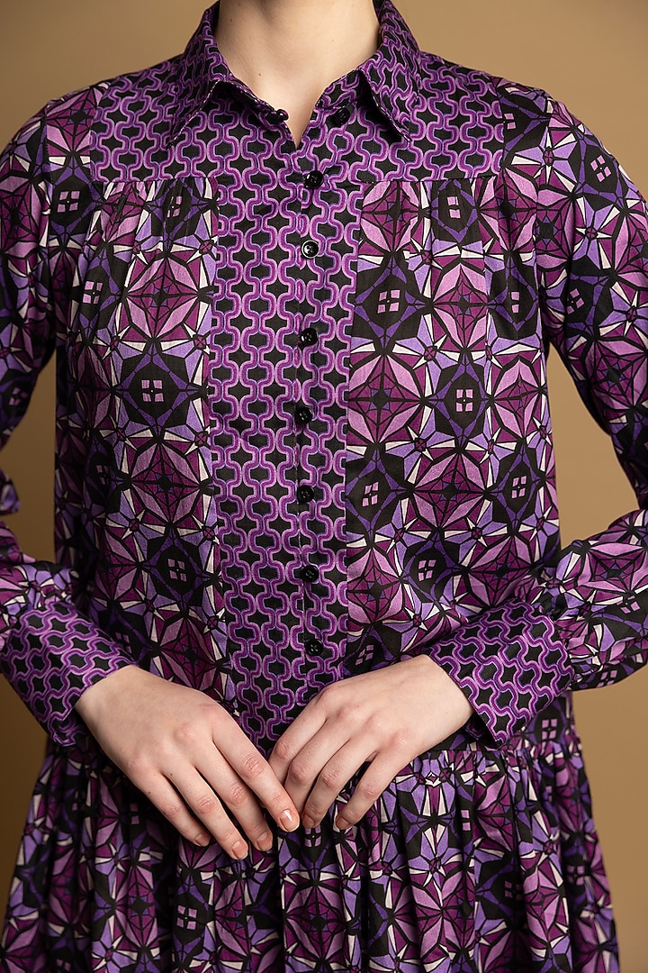 Purple Soft Cotton Satin Printed Mini Summer Shirt Dress by SHIMONA at Pernia's Pop Up Shop