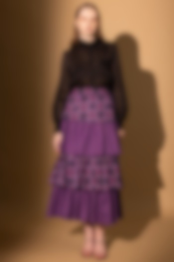 Purple Soft Cotton Satin Printed Tiered Skirt by SHIMONA