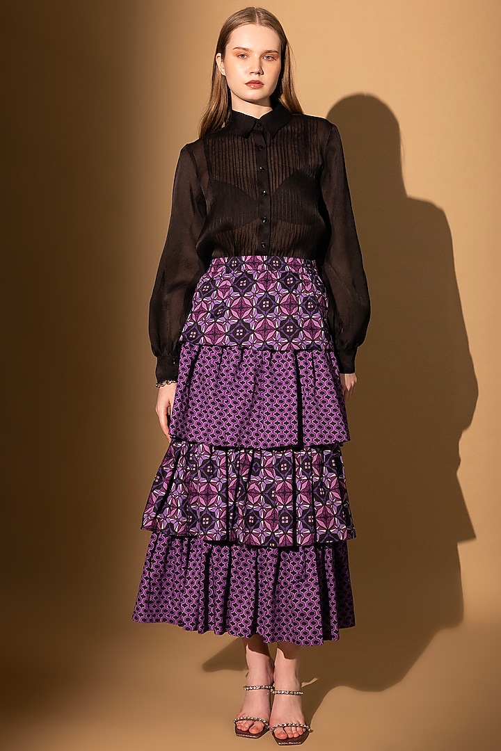 Purple Soft Cotton Satin Printed Tiered Skirt by SHIMONA