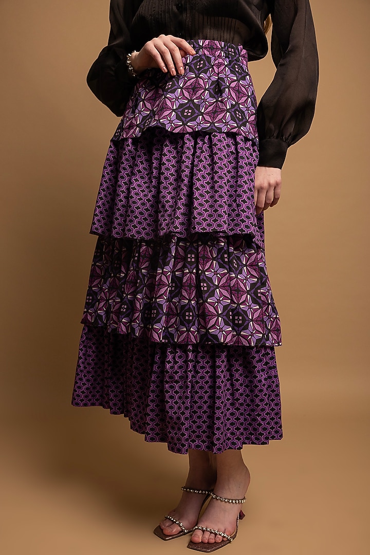 Purple Soft Cotton Satin Printed Tiered Skirt by SHIMONA at Pernia's Pop Up Shop