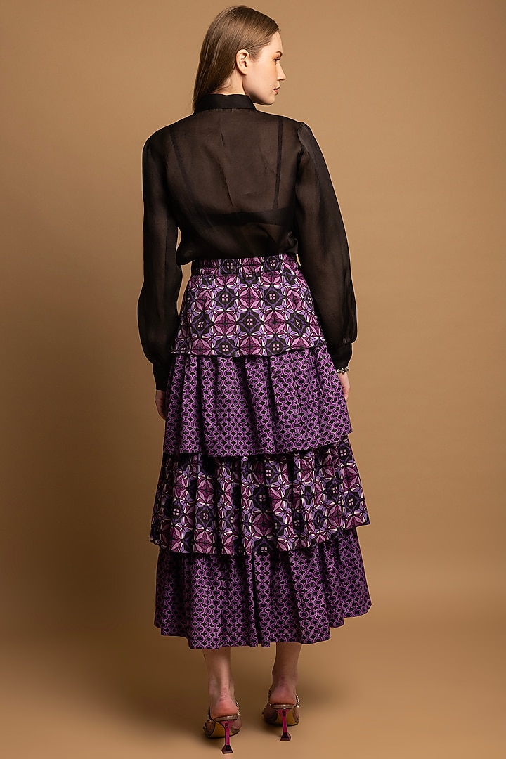 Purple Soft Cotton Satin Printed Tiered Skirt by SHIMONA at Pernia's Pop Up Shop