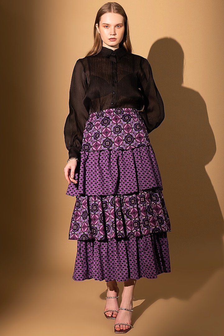 Purple Soft Cotton Satin Printed Tiered Skirt by SHIMONA at Pernia's Pop Up Shop