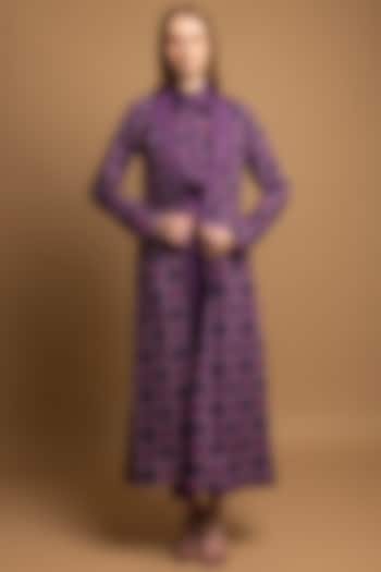 Purple Soft Cotton Satin Printed Long Coat by SHIMONA