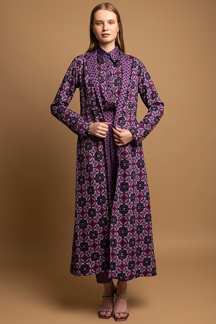 Purple Soft Cotton Satin Printed Long Coat by SHIMONA