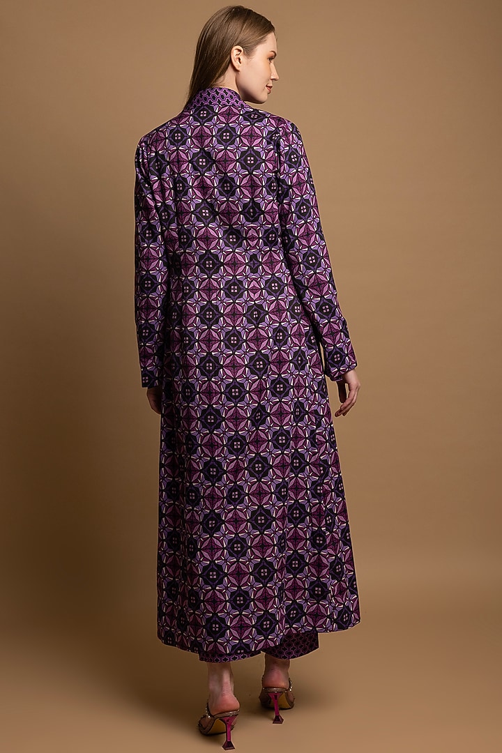 Purple Soft Cotton Satin Printed Long Coat by SHIMONA at Pernia's Pop Up Shop