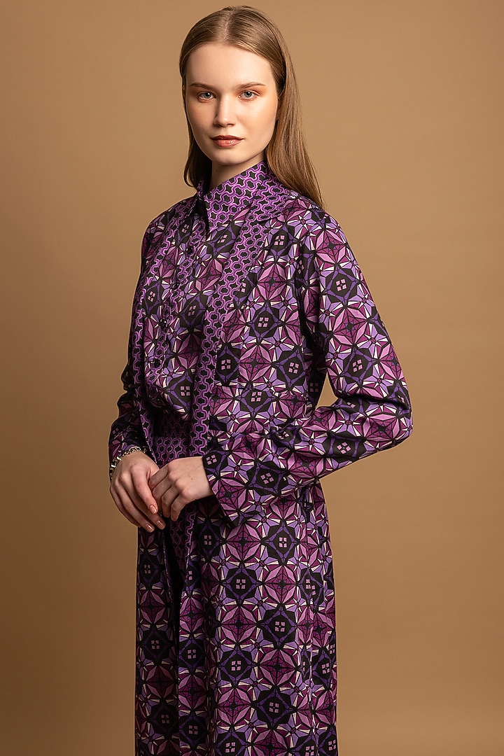 Purple Soft Cotton Satin Printed Long Coat by SHIMONA at Pernia's Pop Up Shop