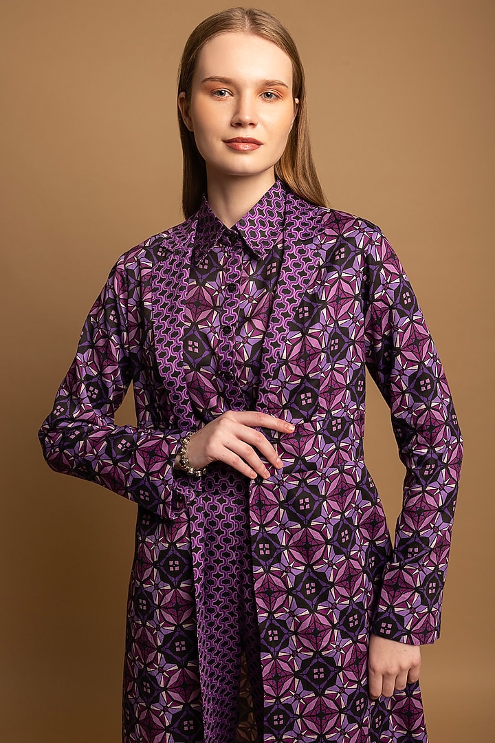 Purple Soft Cotton Satin Printed Long Coat by SHIMONA at Pernia's Pop Up Shop