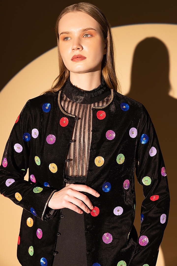 Black Velvet Sequins Hand Embroidered Jacket by SHIMONA at Pernia's Pop Up Shop