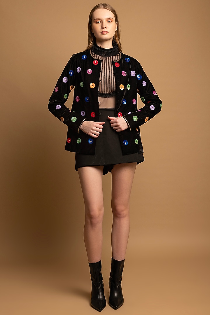 Black Velvet Sequins Hand Embroidered Jacket by SHIMONA at Pernia's Pop Up Shop
