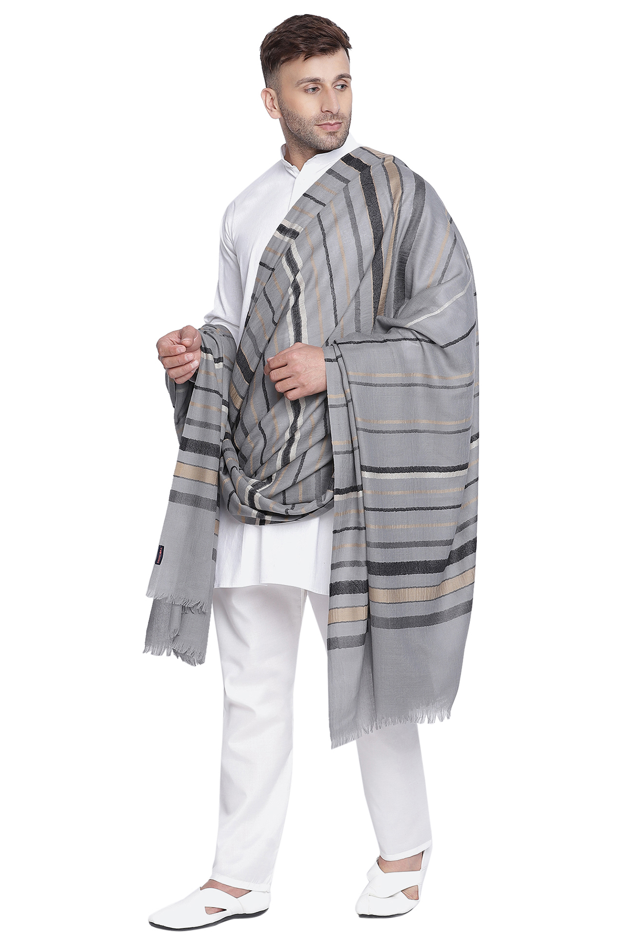 Grey Striped Shawl by Shingora Men at Pernia's Pop Up Shop
