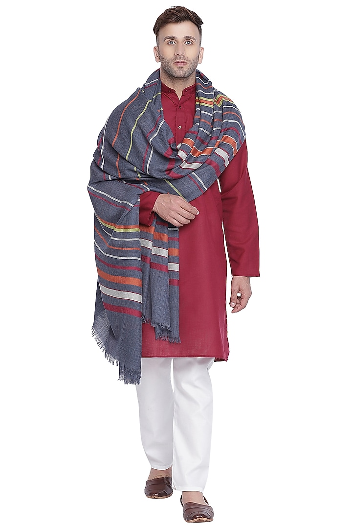 Dark Grey Wool Striped Shawl by Shingora Men at Pernia's Pop Up Shop