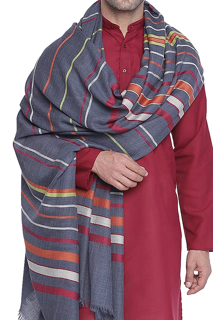 Dark Grey Wool Striped Shawl by Shingora Men at Pernia's Pop Up Shop