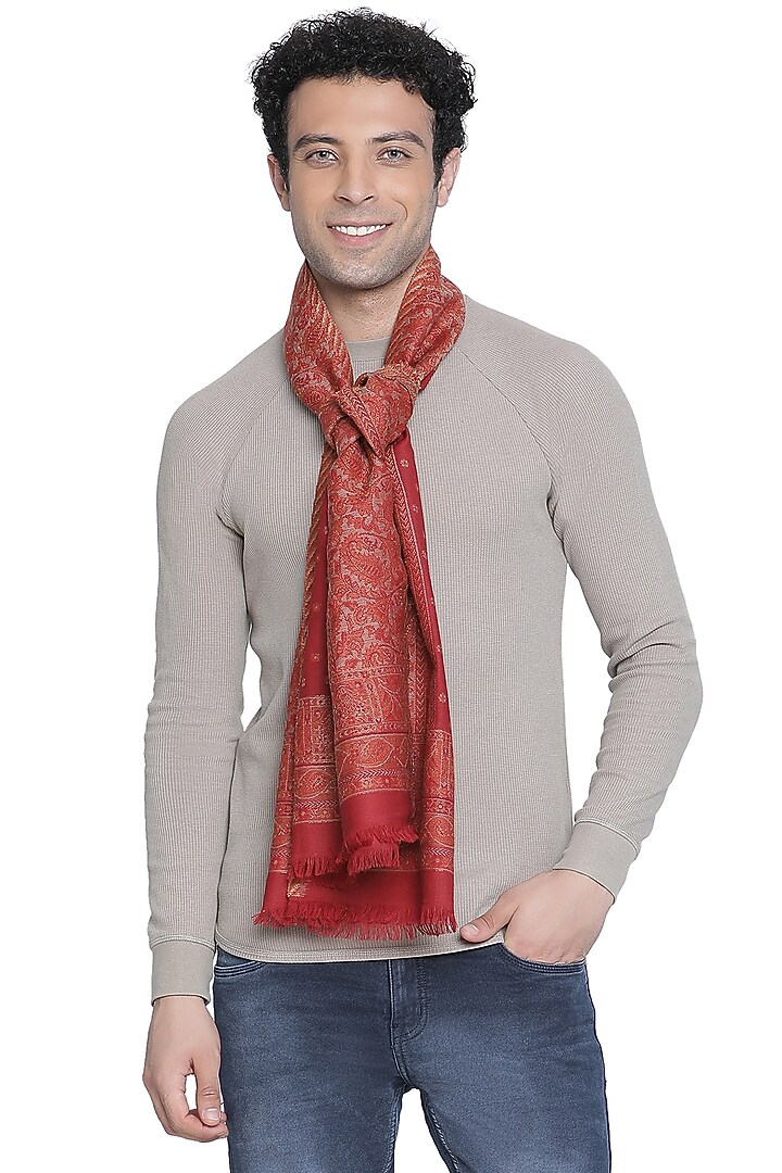 Maroon Wool & Lurex Muffler by Shingora Men at Pernia's Pop Up Shop