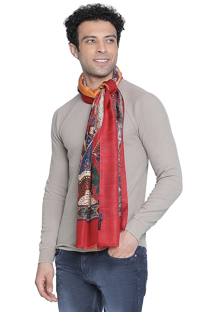 Maroon Wool & Silk Printed Muffler by Shingora Men at Pernia's Pop Up Shop