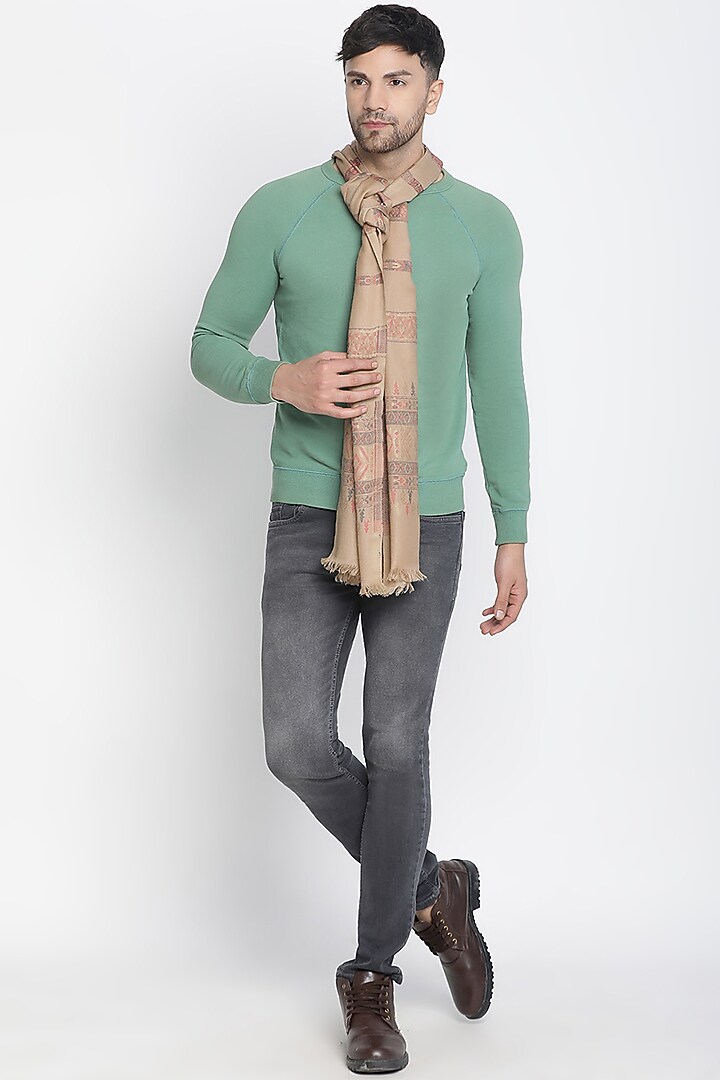 Dark Beige Wool Lurex Jacquard Muffler by Shingora Men at Pernia's Pop Up Shop