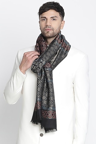 Black Wool Lurex Jacquard Muffler by Shingora Men