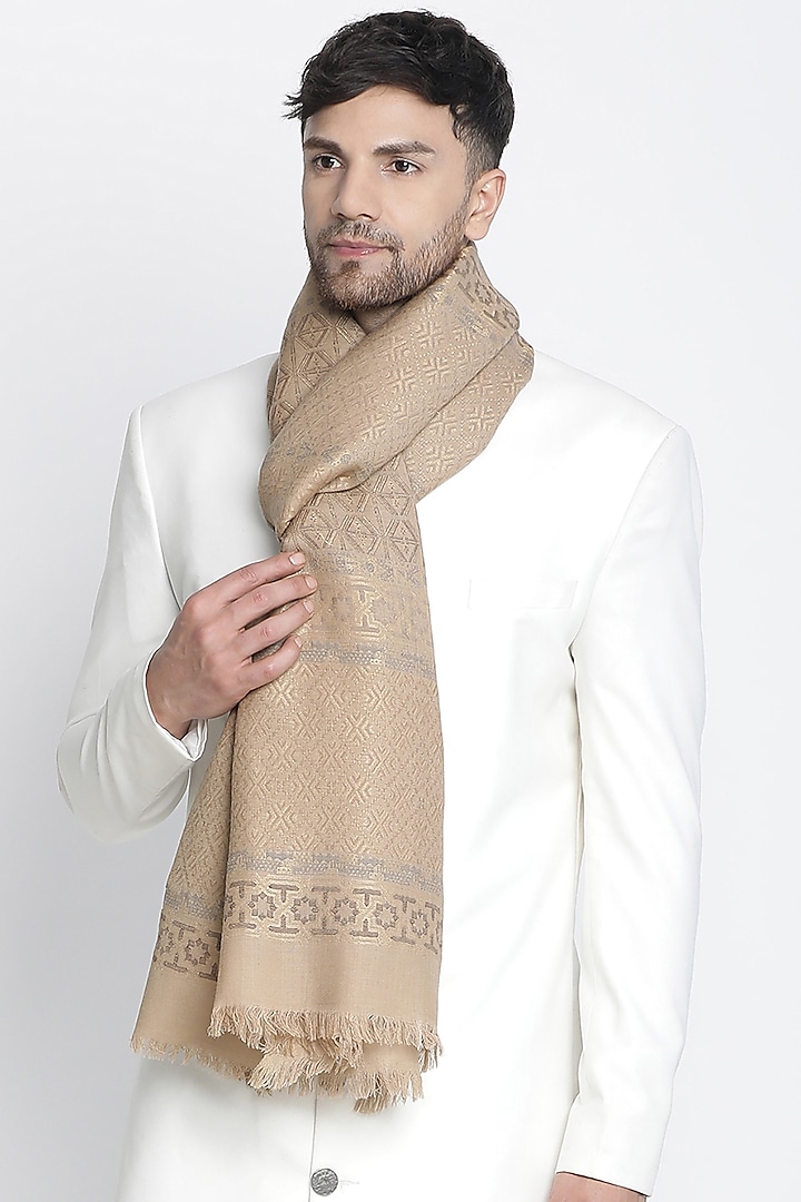 Dark Beige Wool Lurex Jacquard Muffler by Shingora Men