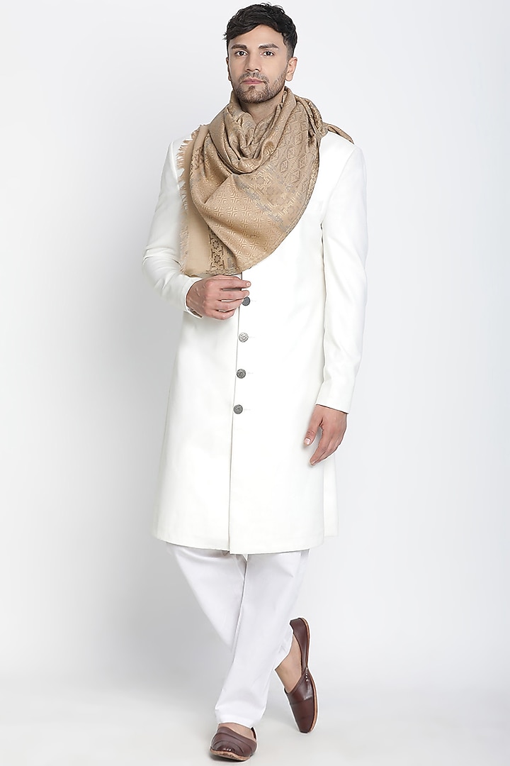 Dark Beige Wool Lurex Jacquard Muffler by Shingora Men at Pernia's Pop Up Shop