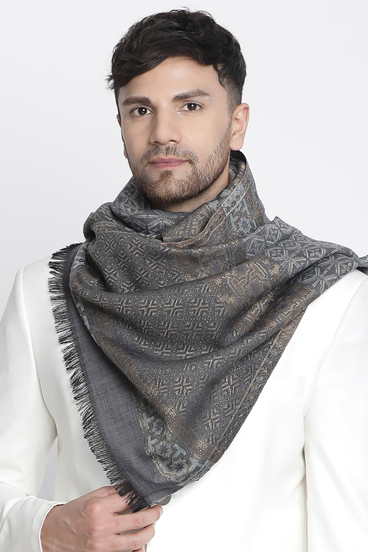 Grey Wool Lurex Jacquard Muffler by Shingora Men at Pernia's Pop