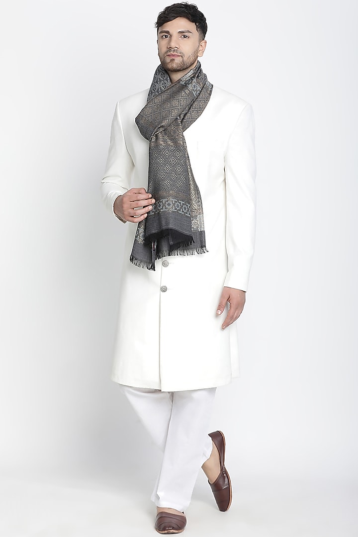 Grey Wool Lurex Jacquard Muffler by Shingora Men at Pernia's Pop Up Shop