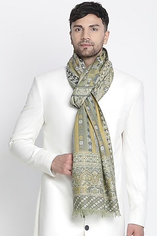 Mehendi Green Wool Metallic Jacquard Muffler by Shingora Men