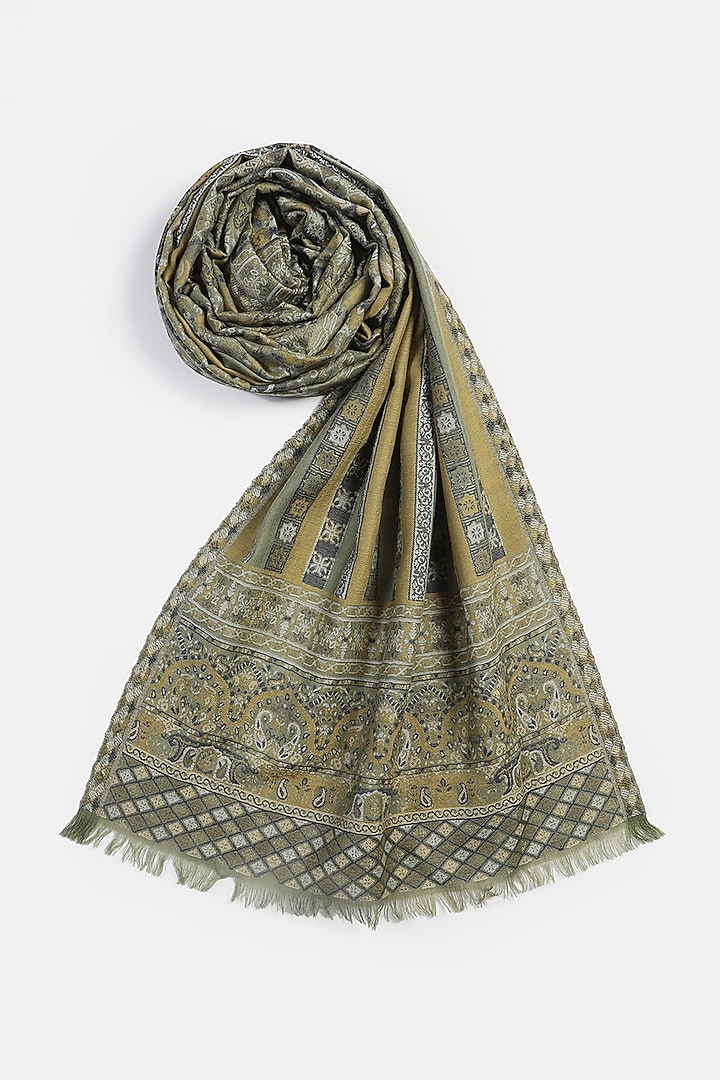 Mehendi Green Wool Metallic Jacquard Muffler by Shingora Men at Pernia's Pop Up Shop