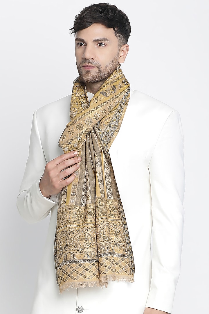 Mustard Wool Metallic Jacquard Muffler by Shingora Men