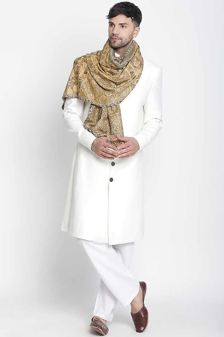 Mustard Wool Metallic Jacquard Muffler by Shingora Men at Pernia's Pop Up Shop